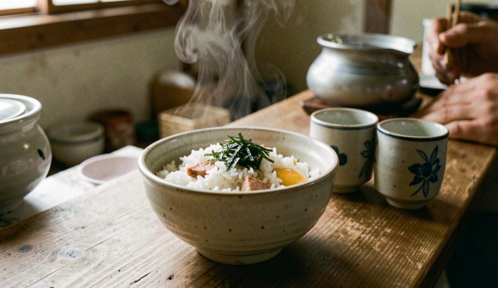 湯気が立つ丼と小鉢、箸袋が揃った夕餉の卓