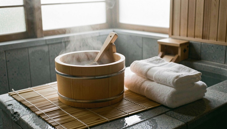 木製の桶と椅子、畳まれた手拭いが揃う脱衣所の静物