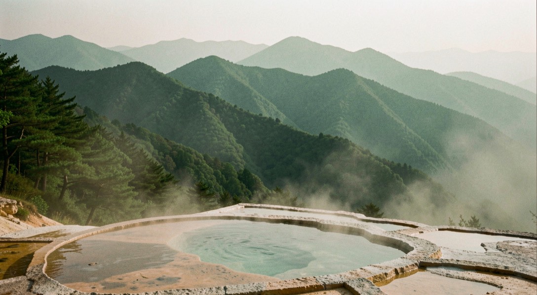 渓谷の斜面と川面に湯気が立つ四季の境目の俯瞰