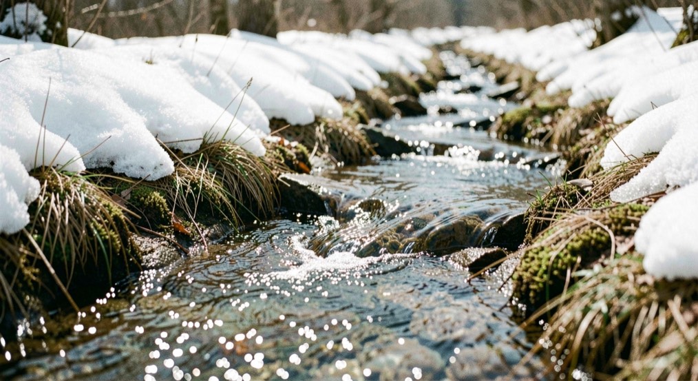 雪の残る山稜の下、湯気を立てる湯口と苗床の春景